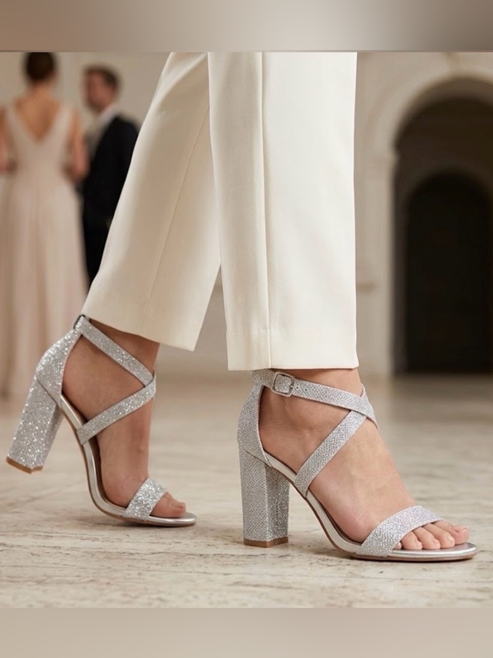 NWOT IDIFU Sparkling Silver Cross-Strap Block Heel Sandals, Women’s Size 8.5